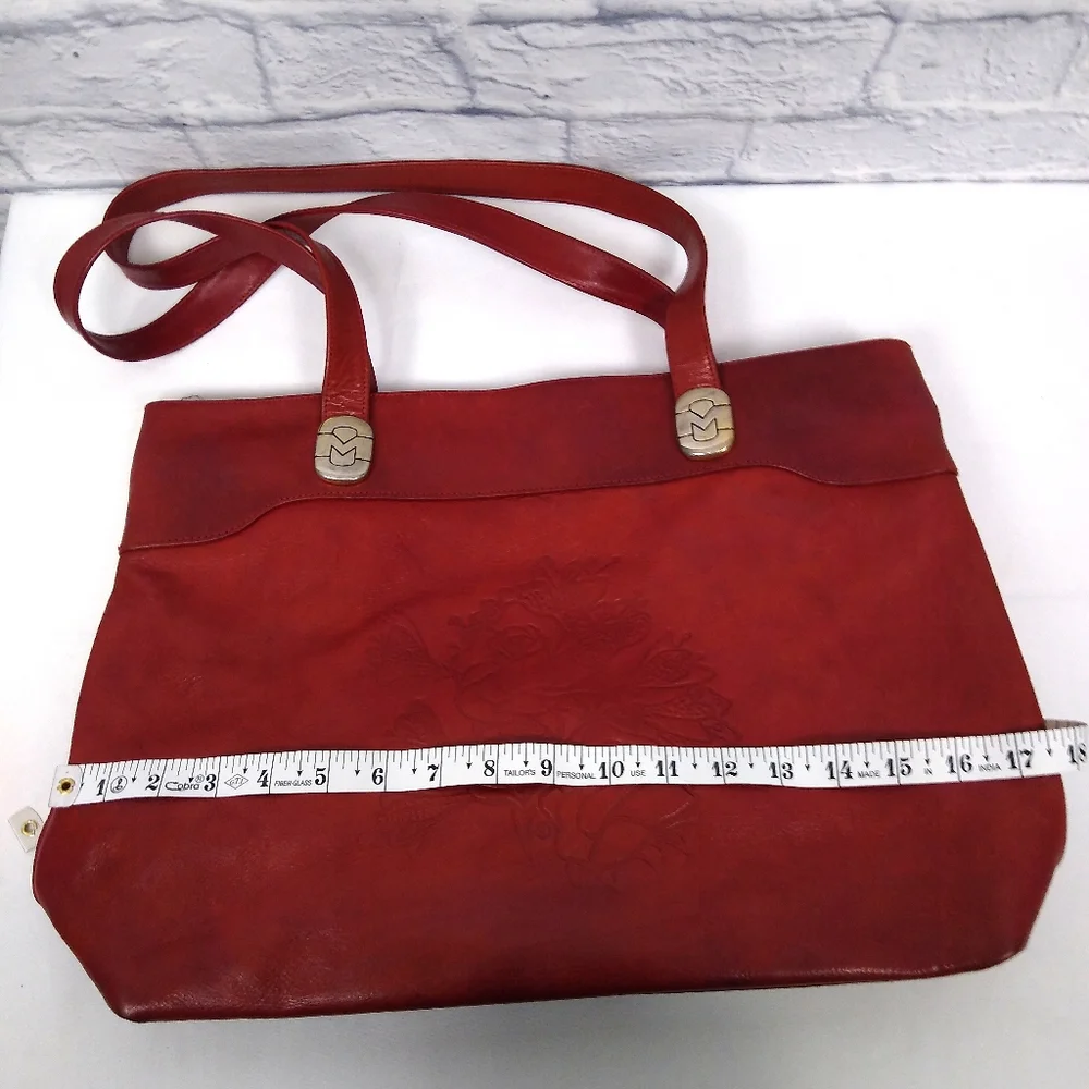 Vintage Marino Orlandi Italian Red Leather Embossed Floral Shoulder Bag - Picture 11 of 14